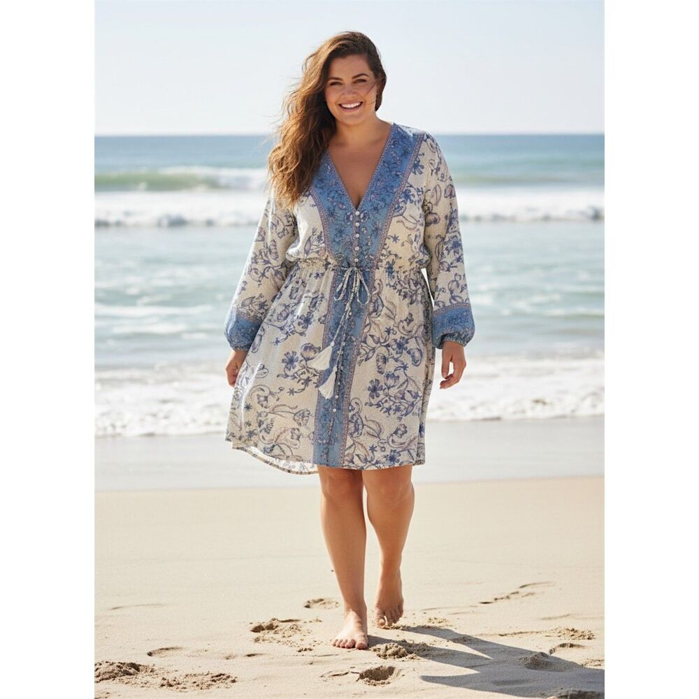 AVEOLOGY  Peasant Mini Dress - Blue, Pink, Ivory. Size 26/28